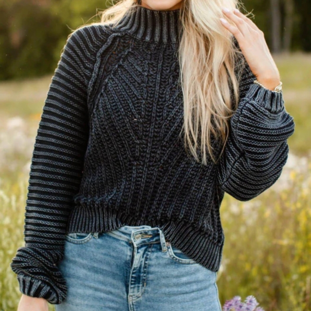 Free People Sweater Sweetheart Mock Neck Slouchy Cotton Chunky Knit Black Md NWT